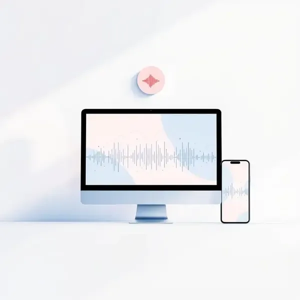 Ekranında ses dalgası görünen bir bilgisayar ve yanında telefon