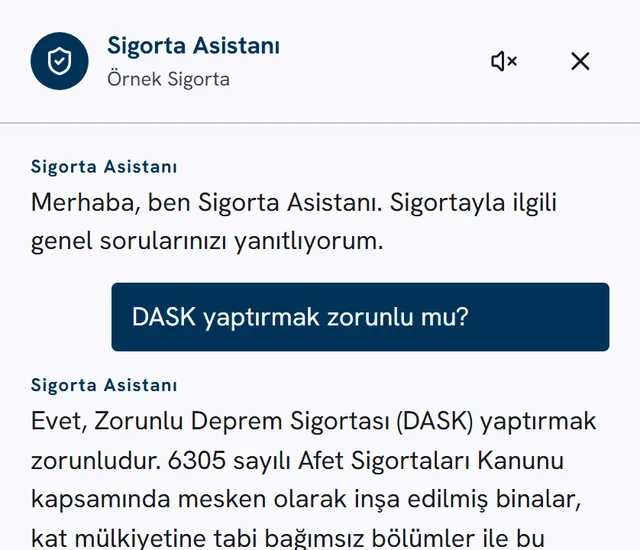 Sigorta Asistanı sohbet penceresi: DASK sorusuna cevap veriyor